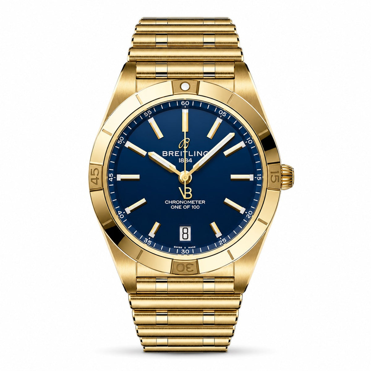 Breitling Chronomat watch with a blue dial, gold tone case and bezel, date display and matching metal bracelet.