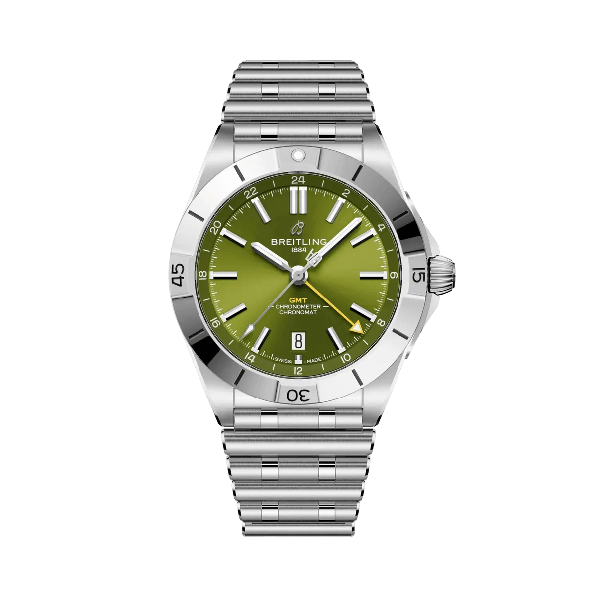 Breitling Chronomat GMT watch with a green dial, yellow GMT hand, date window at 6 o’clock, silver tone numbered bezel and metal bracelet.