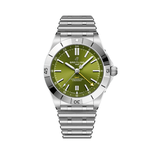 Breitling Chronomat GMT watch with a green dial, yellow GMT hand, date window at 6 o’clock, silver tone numbered bezel and metal bracelet.