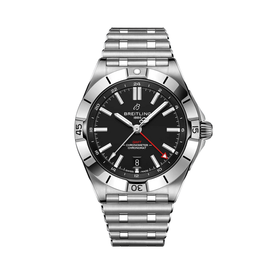 Breitling Chronomat GMT watch with a black dial, red GMT hand, date window, silver-tone bezel, and metal bracelet.