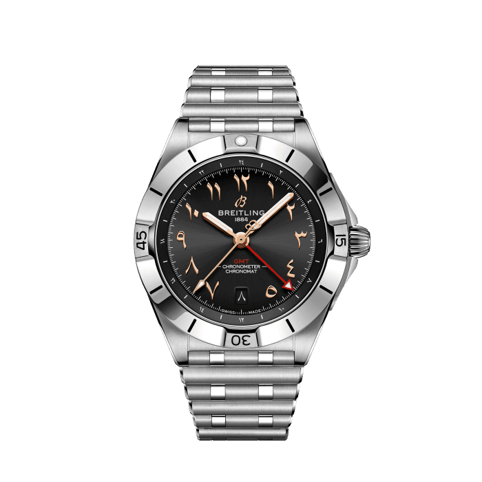 Breitling Chronomat GMT watch with a black dial, gold-tone Arabic numerals, red GMT hand and silver-tone metal bracelet.