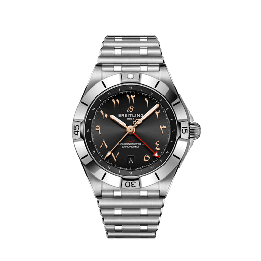 Breitling Chronomat GMT watch with a black dial, gold-tone Arabic numerals, red GMT hand and silver-tone metal bracelet.