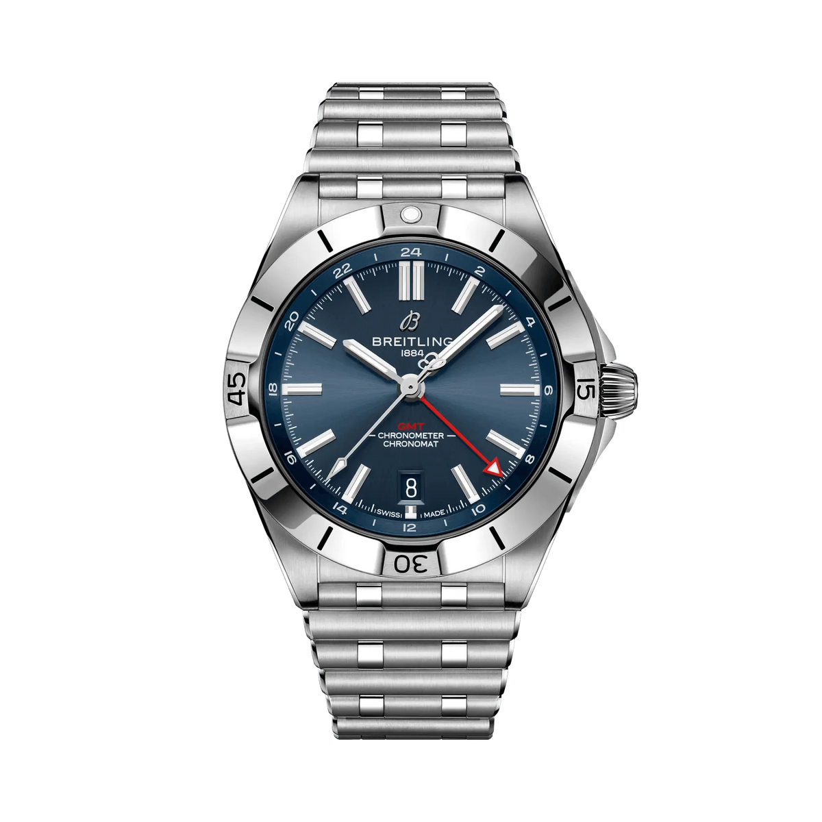 Breitling Chronomat GMT watch with a blue dial, red GMT hand, date display, silver-tone case and metal bracelet.