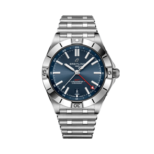 Breitling Chronomat GMT watch with a blue dial, red GMT hand, date display, silver-tone case and metal bracelet.