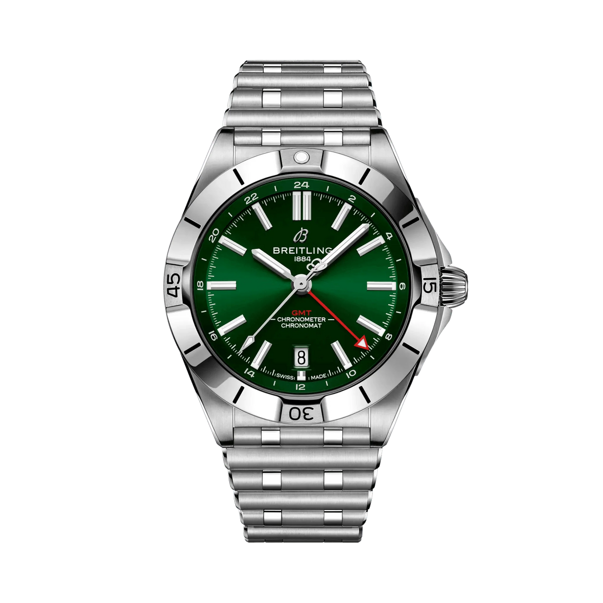 Breitling Chronomat GMT watch with a green dial, red GMT hand, date window at 6 o’clock, silver tone numbered bezel and metal bracelet.