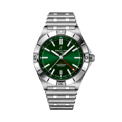 Breitling Chronomat GMT watch with a green dial, red GMT hand, date window at 6 o’clock, silver tone numbered bezel and metal bracelet.