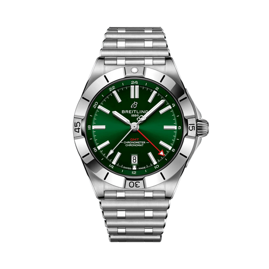 Breitling Chronomat GMT watch with a green dial, red GMT hand, date window at 6 o’clock, silver tone numbered bezel and metal bracelet.