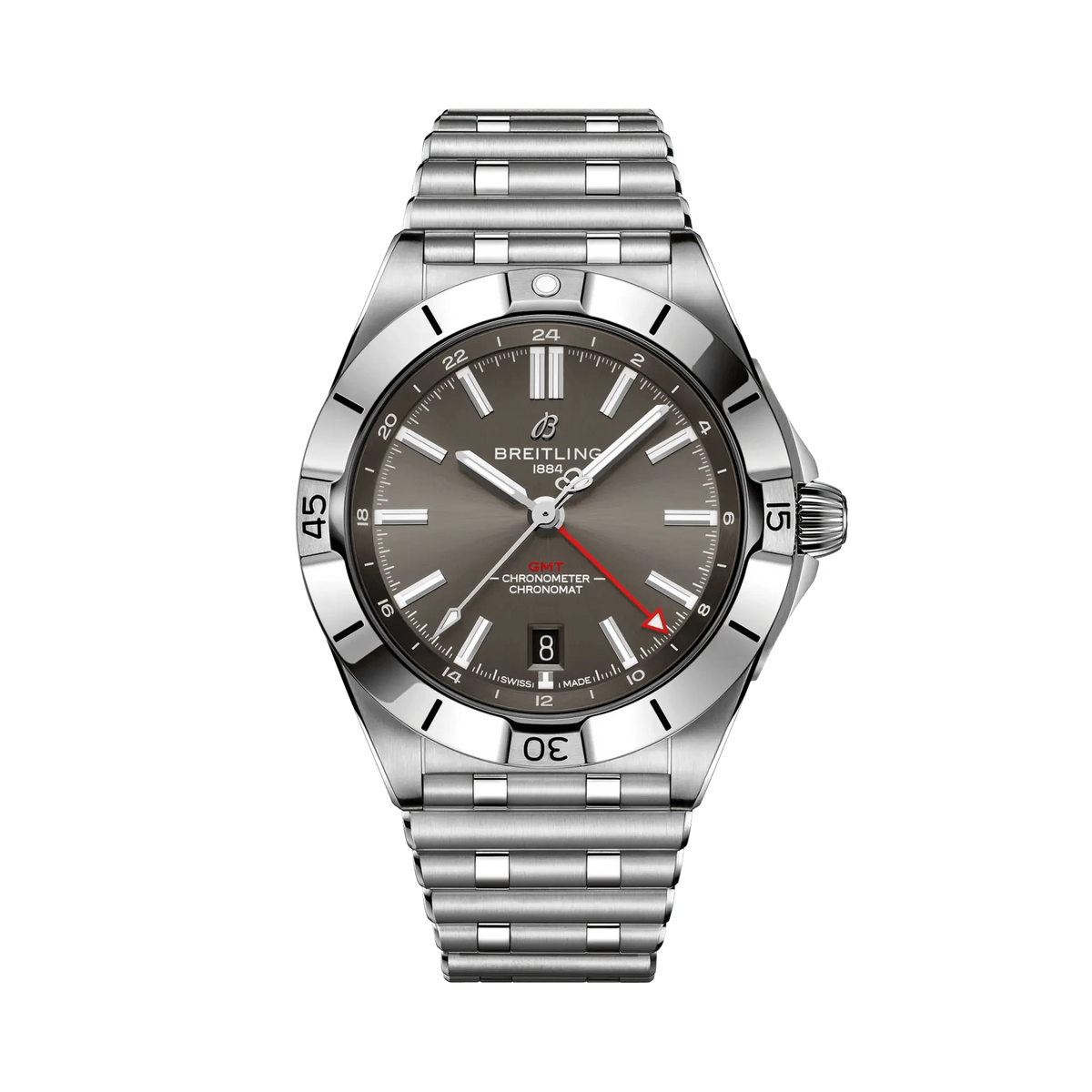 Breitling Chronomat GMT watch with a grey dial, red GMT hand, date display, numbered silver tone bezel and metal bracelet.
