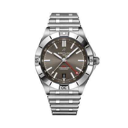 Breitling Chronomat GMT watch with a grey dial, red GMT hand, date display, numbered silver tone bezel and metal bracelet.