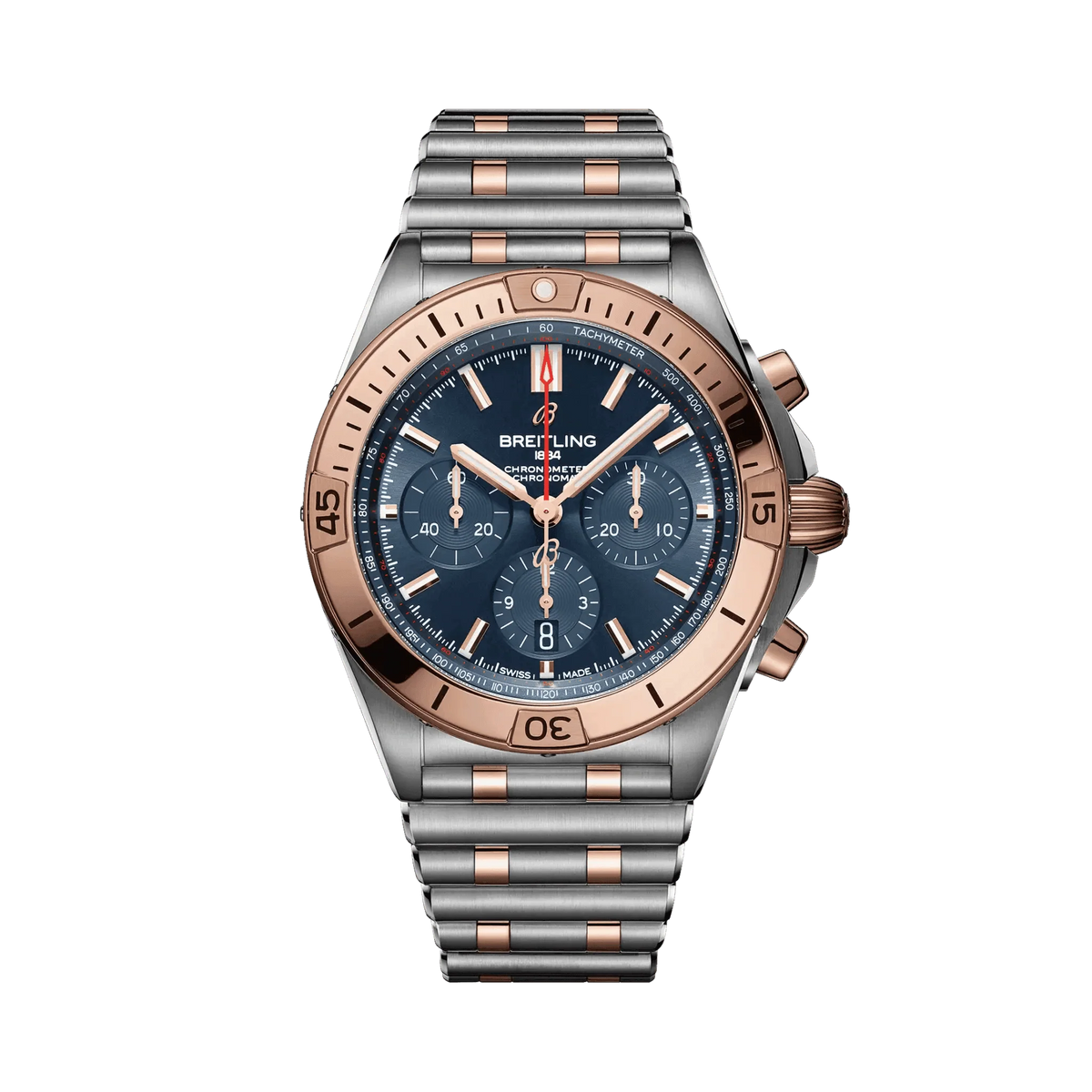 Breitling Chronomat chronograph watch with a blue dial, three subdials, rose gold tone bezel and accents, date display and two-tone metal bracelet.