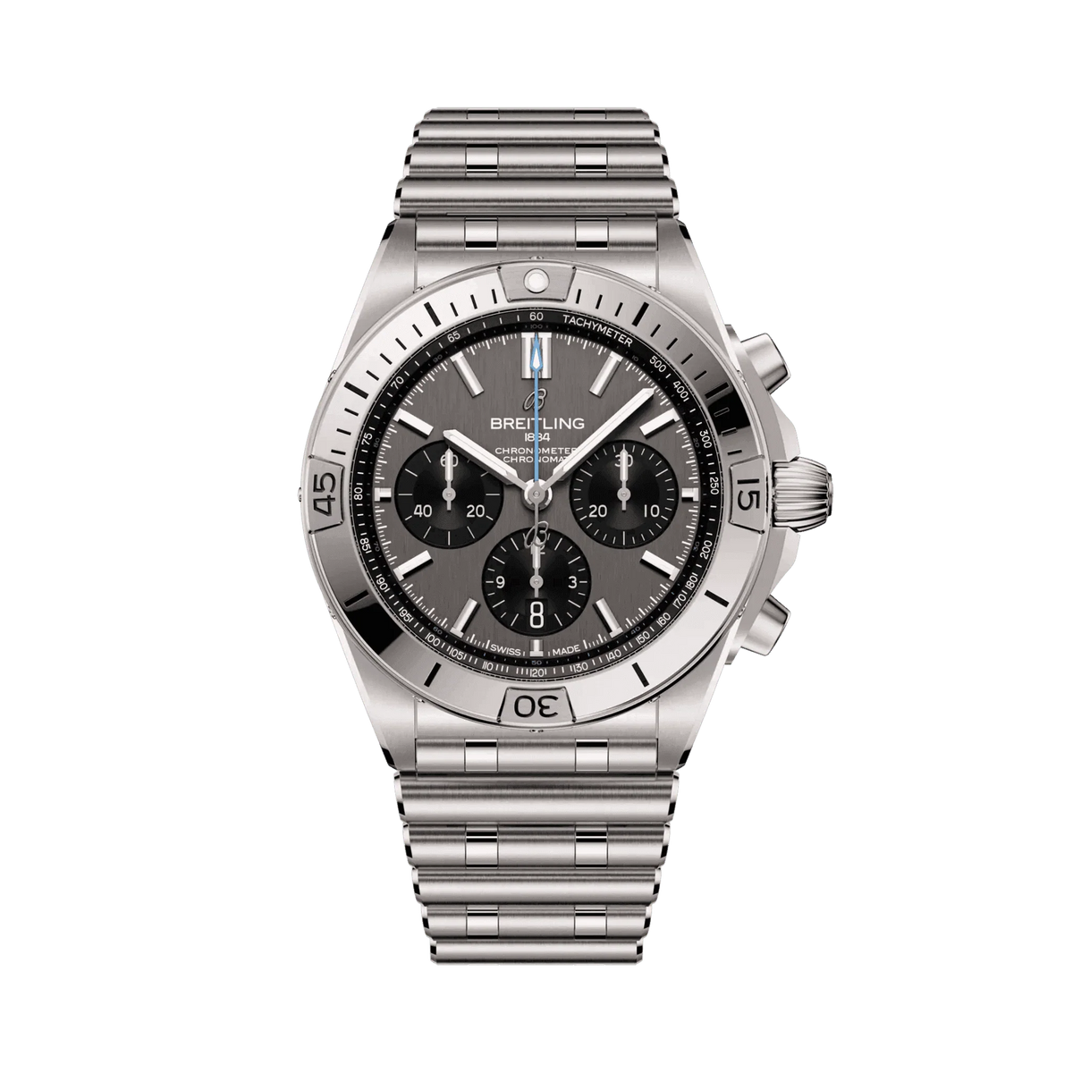 Breitling chronograph watch with a grey dial, three black subdials, silver tone case and numbered bezel, and metal link bracelet.