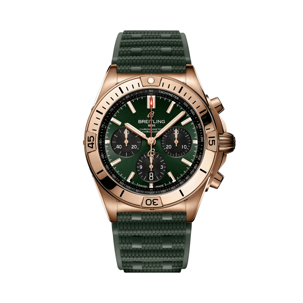 Breitling chronograph watch with a green dial, three black subdials, rose gold tone case and numbered bezel, and textured dark green strap.