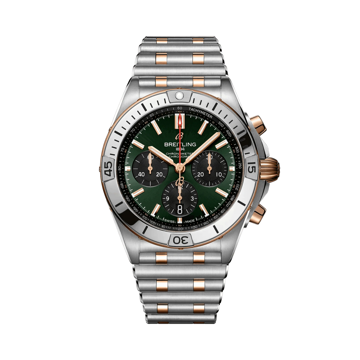 Breitling Chronomat chronograph watch with a green dial, three black subdials, rose gold tone accents, date display and two-tone metal bracelet.