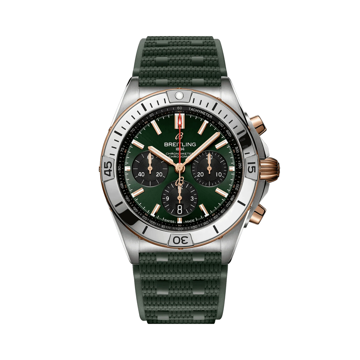 Breitling Chronomat chronograph watch with a green dial, three black subdials, rose gold tone accents, silver tone bezel and textured green strap.