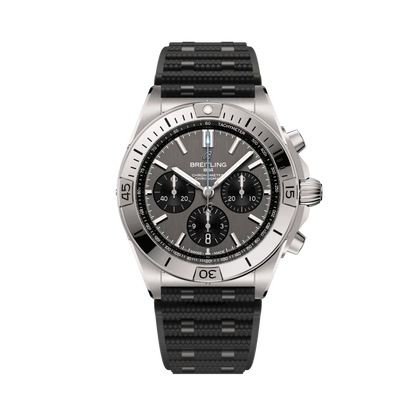 Breitling chronograph watch with a grey dial, three black subdials, silver tone case and numbered bezel, and textured black strap.