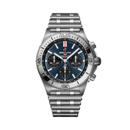 Breitling chronograph watch with a blue dial, three black subdials, red seconds hand, silver tone case and numbered bezel, and metal link bracelet.