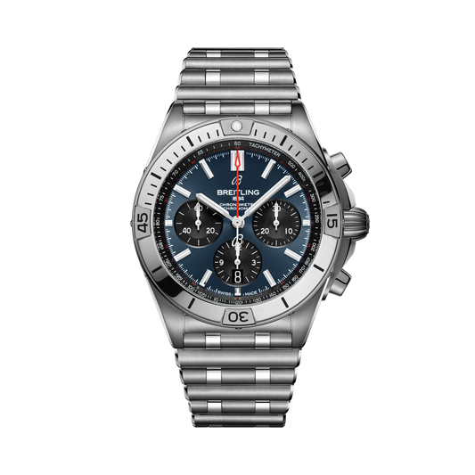 Breitling chronograph watch with a blue dial, three black subdials, red seconds hand, silver tone case and numbered bezel, and metal link bracelet.
