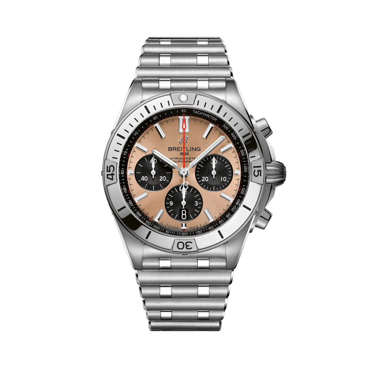 Breitling chronograph watch with a salmon dial, three black subdials, red seconds hand, silver tone case and numbered bezel, and metal link bracelet.