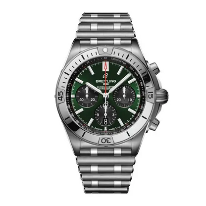 Breitling chronograph watch with a green dial, three black subdials, red seconds hand, silver tone case and numbered bezel, and metal link bracelet.