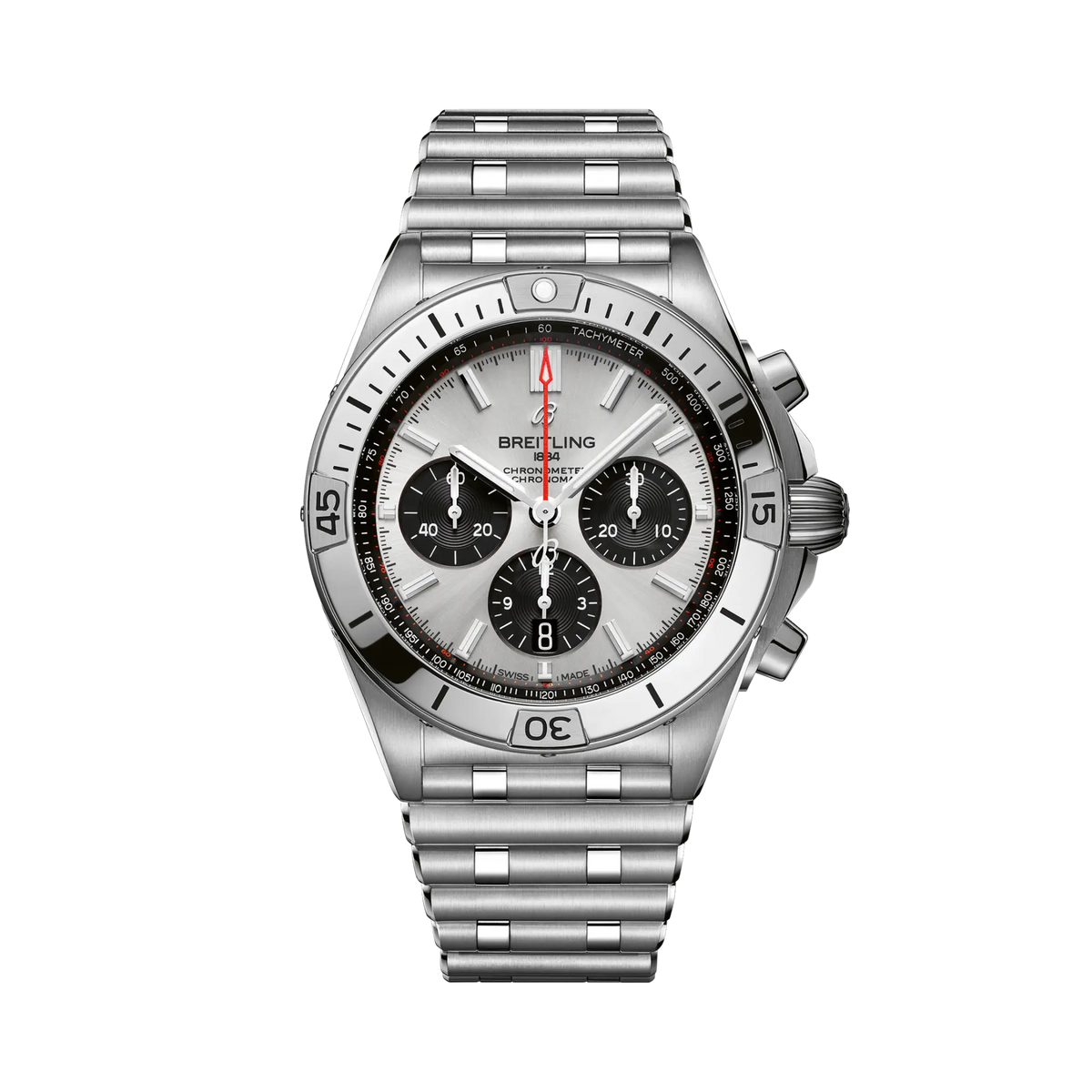 Breitling chronograph watch with a silver dial, three black subdials, red seconds hand, silver tone case and numbered bezel, and metal link bracelet.