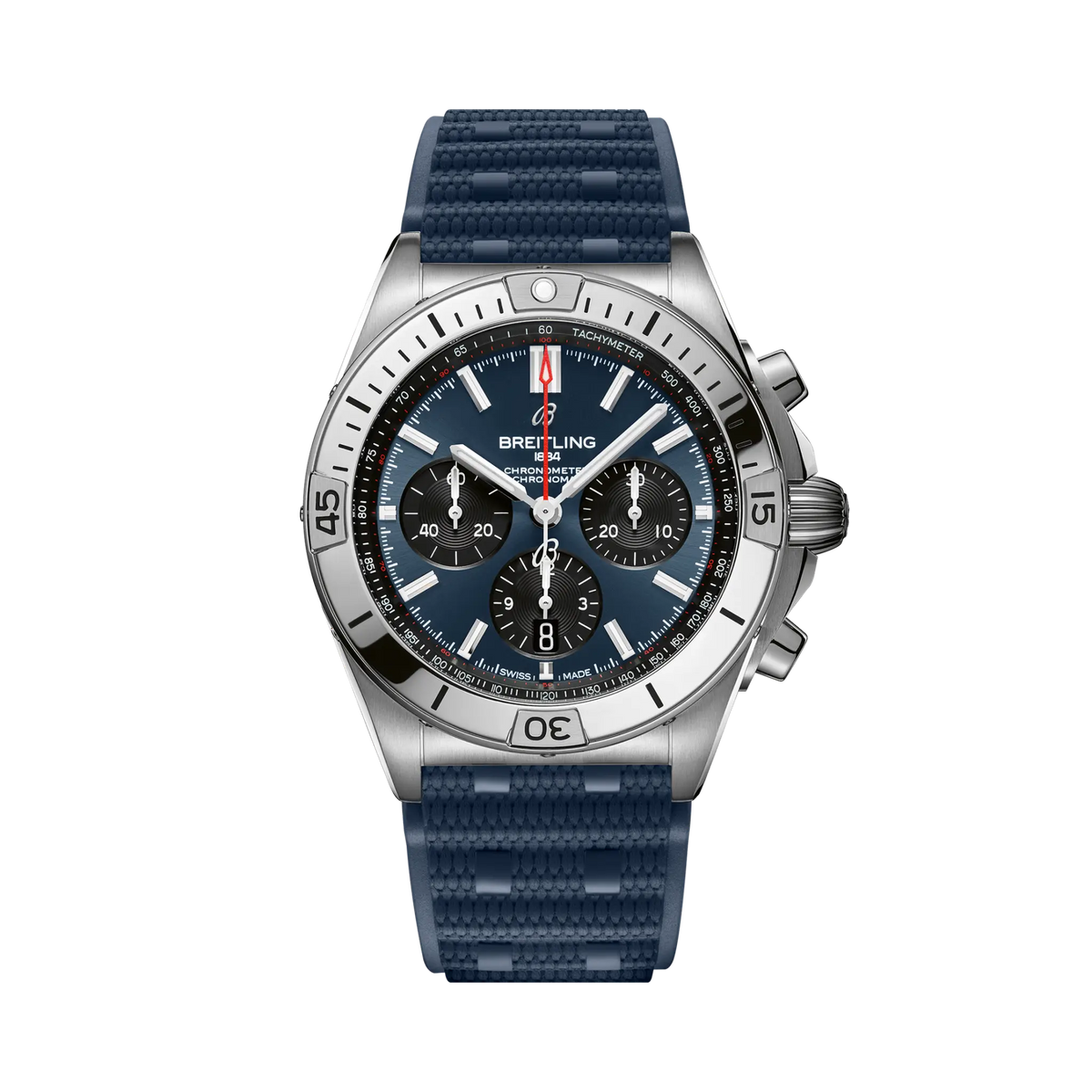 Breitling chronograph watch with a blue dial, three black subdials, red seconds hand, silver tone case and numbered bezel, and textured blue strap.