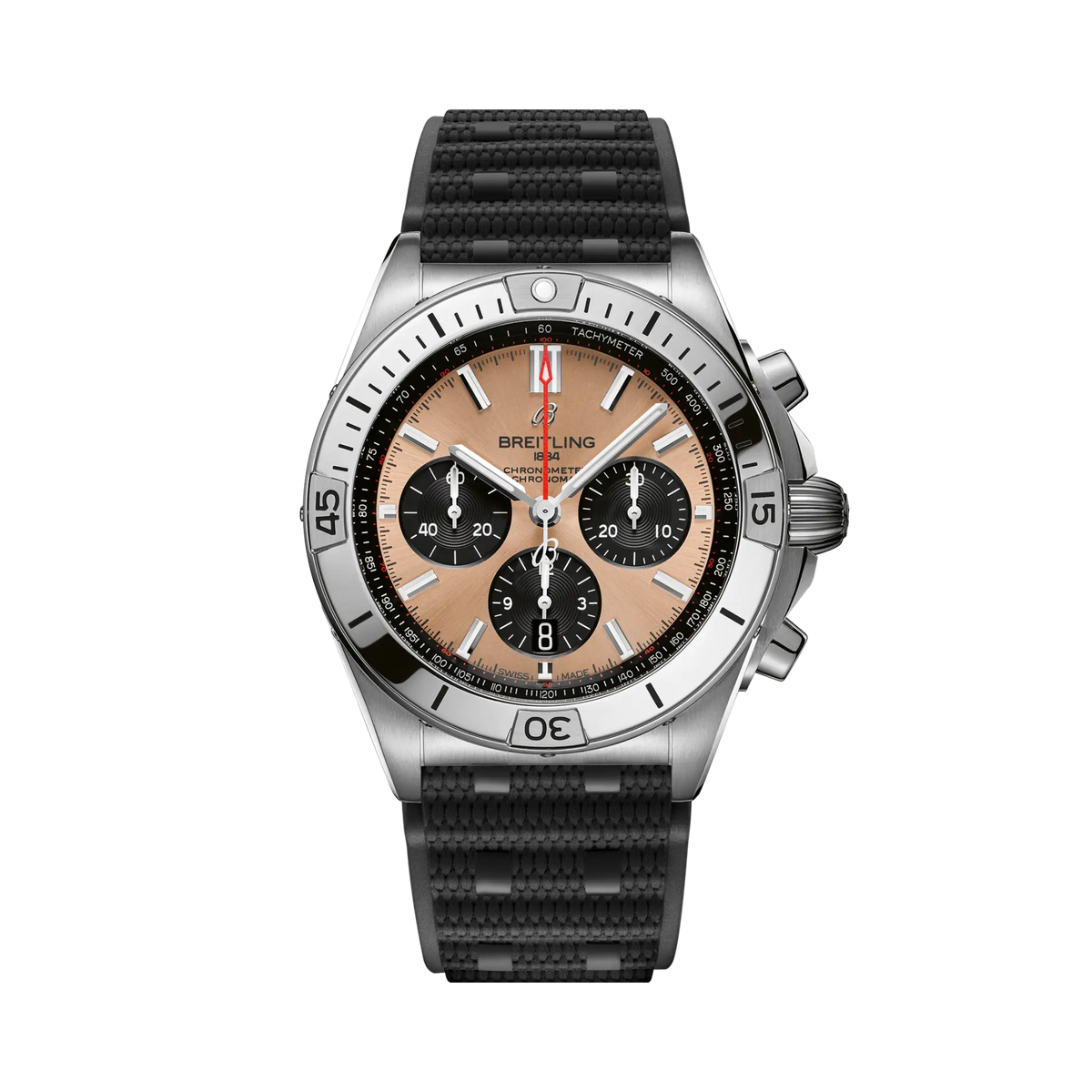 Breitling chronograph watch with a salmon dial, three black subdials, red seconds hand, silver tone case and numbered bezel, and textured black strap.