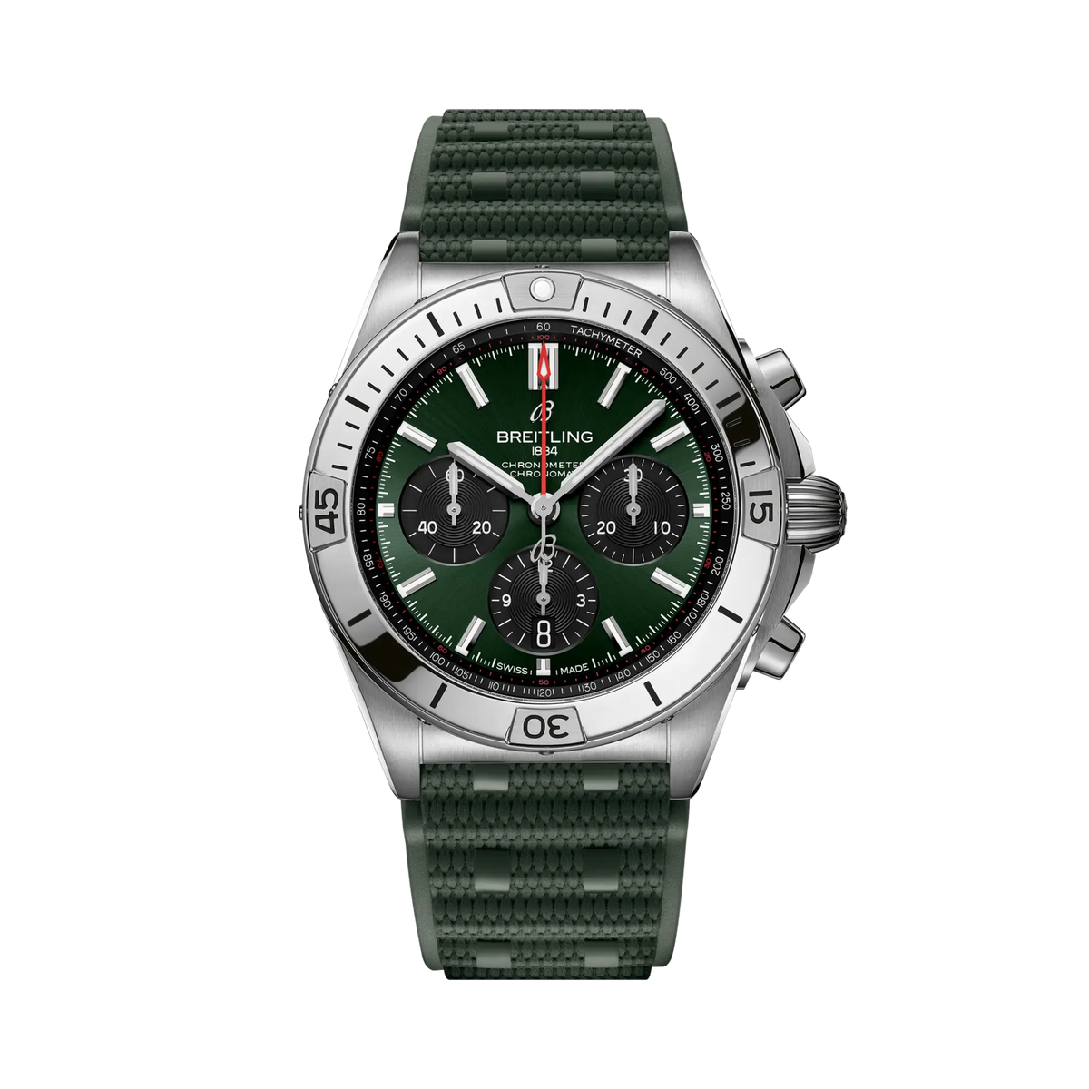 Breitling chronograph watch with a green dial, three black subdials, red seconds hand, silver tone case and numbered bezel, and textured green strap.