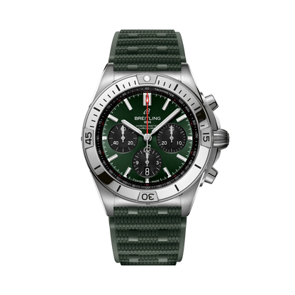 Breitling chronograph watch with a green dial, three black subdials, red seconds hand, silver tone case and numbered bezel, and textured green strap.