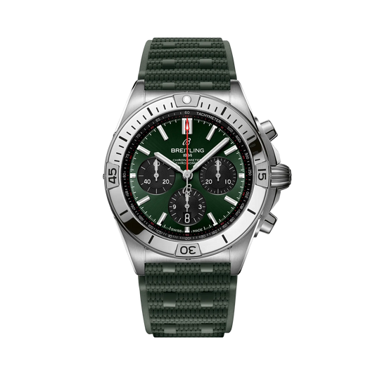 Breitling chronograph watch with a green dial, three black subdials, red seconds hand, silver tone case and numbered bezel, and textured green strap.