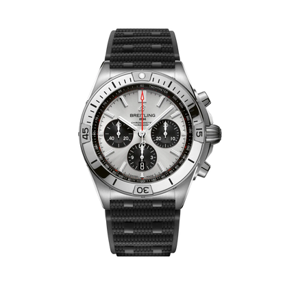 Breitling chronograph watch with a silver dial, three black subdials, red seconds hand, silver tone case and numbered bezel, and textured black strap.