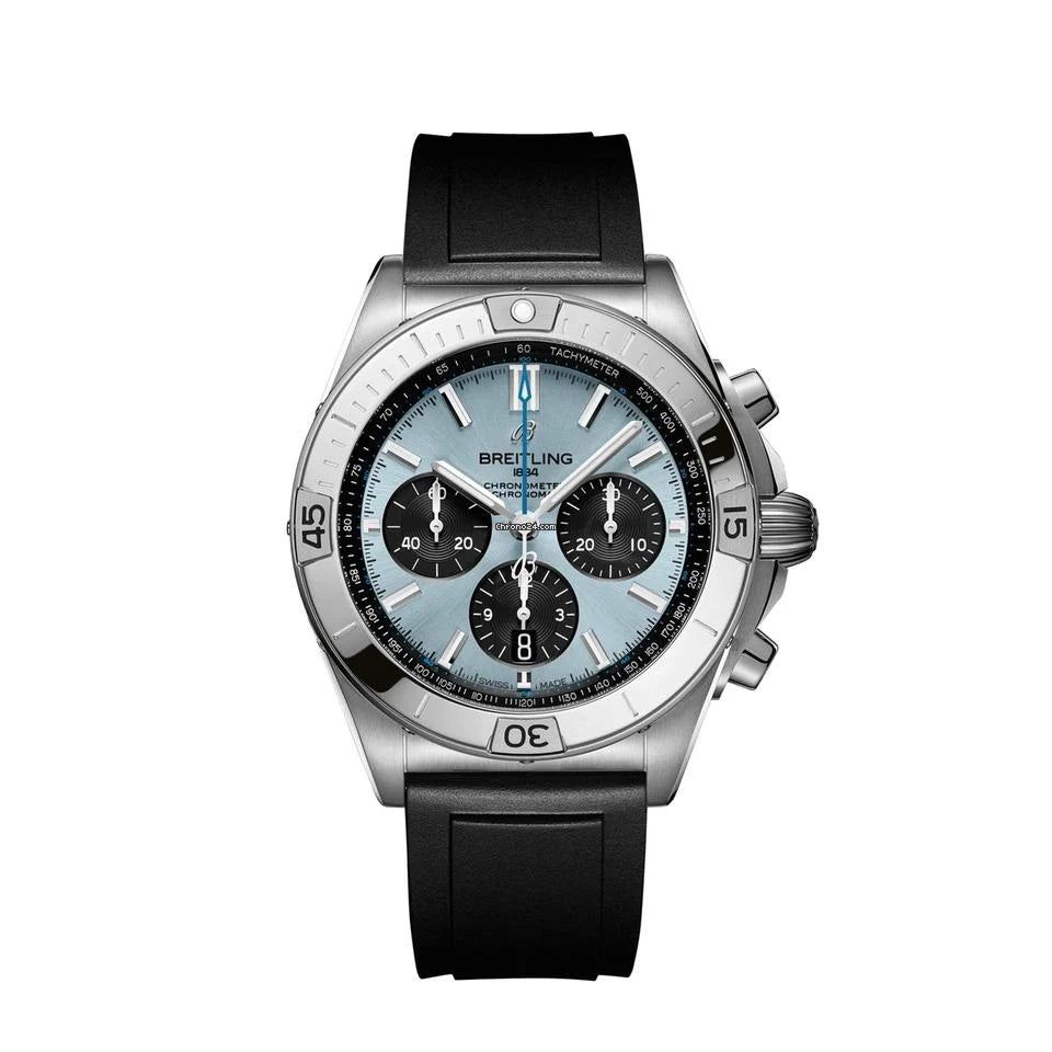 Breitling chronograph watch with a light blue dial, three black subdials, silver tone case and numbered bezel, and black strap.