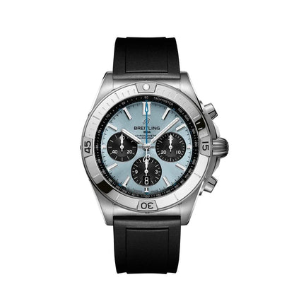 Breitling chronograph watch with a light blue dial, three black subdials, silver tone case and numbered bezel, and black strap.