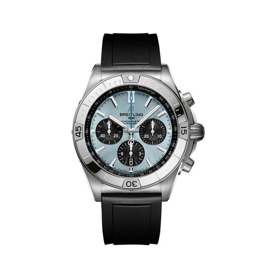 Breitling chronograph watch with a light blue dial, three black subdials, silver tone case and numbered bezel, and black strap.