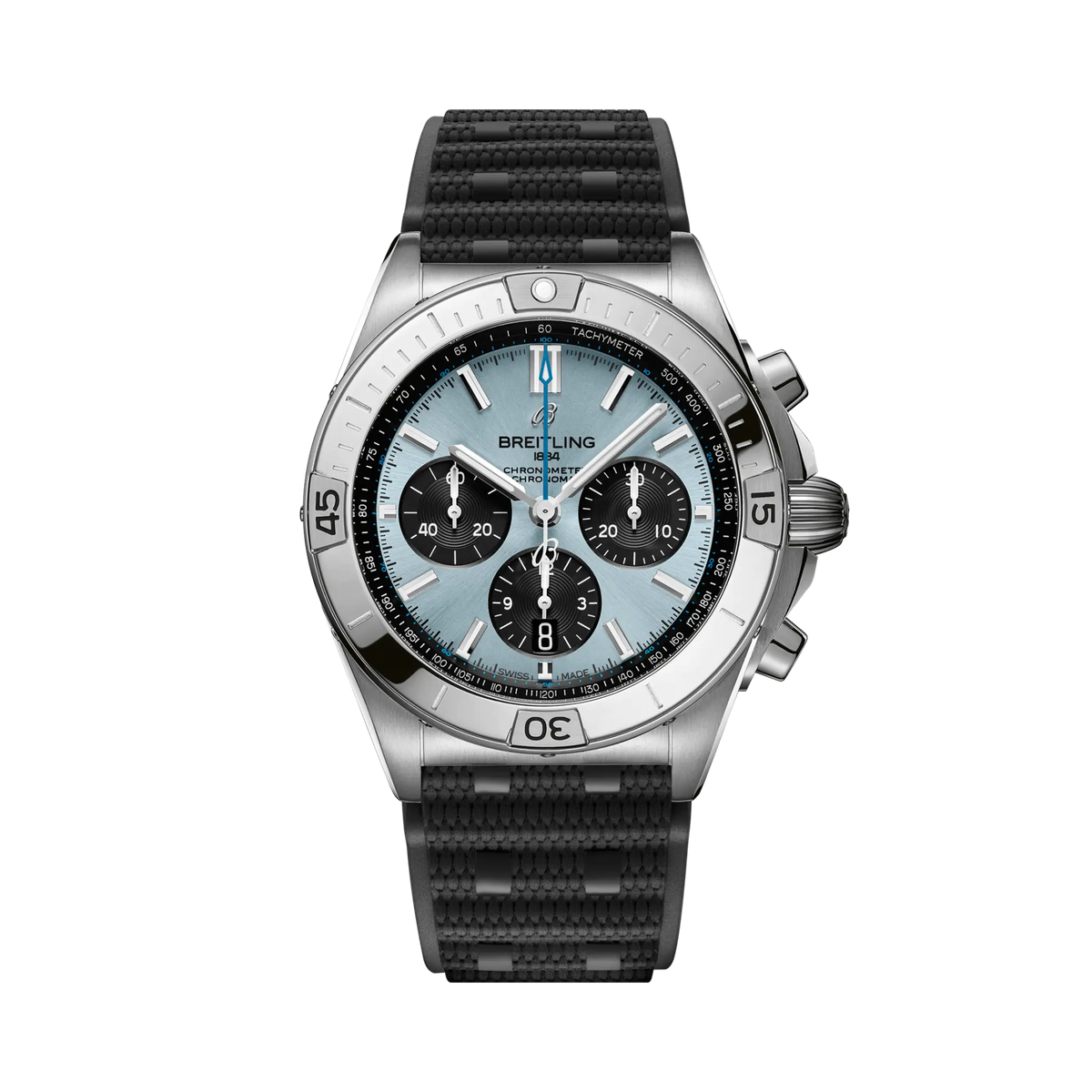 Breitling chronograph watch with a light blue dial, three black subdials, silver tone case and numbered bezel, and textured black strap.