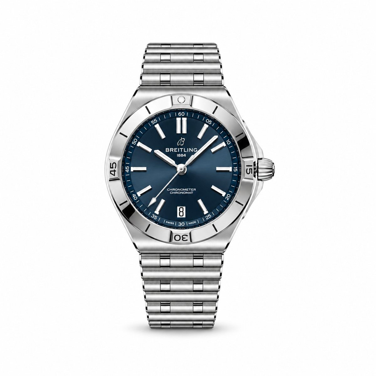 Breitling Chronomat watch with a navy blue sunburst dial, silver tone hands and hour markers, date window at 6 o’clock and silver tone Rouleaux bracelet.