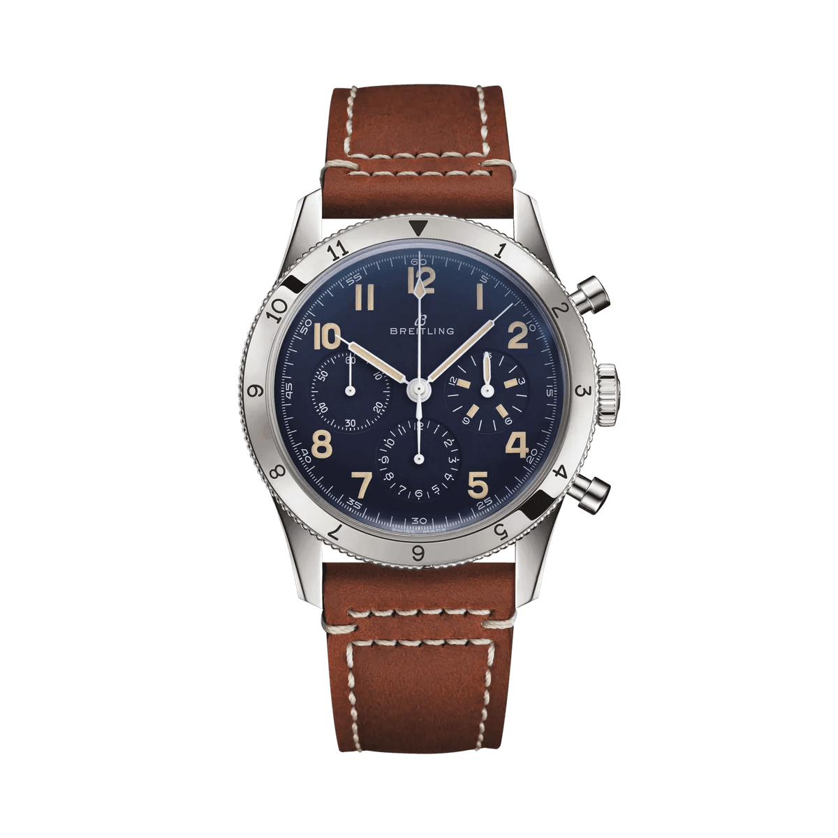 Breitling chronograph watch with a blue dial, three subdials, cream Arabic numerals, numbered silver tone bezel and brown strap with white stitching.
