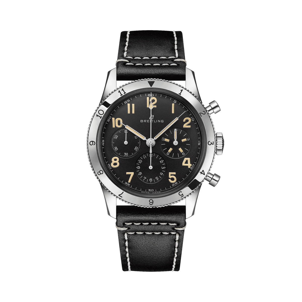 Breitling chronograph watch with a black dial, three subdials, cream Arabic numerals, numbered silver tone bezel and black strap with white stitching.