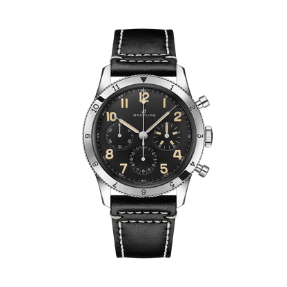 Breitling chronograph watch with a black dial, three subdials, cream Arabic numerals, numbered silver tone bezel and black strap with white stitching.