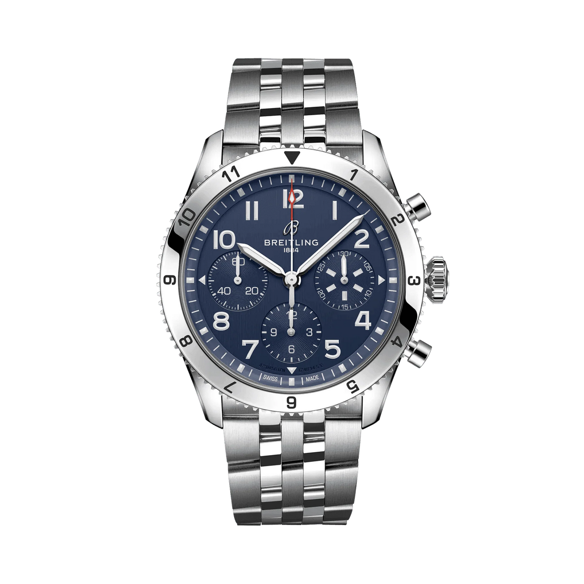 Breitling chronograph watch with a blue dial, three subdials, Arabic numerals, numbered silver tone bezel and metal bracelet.