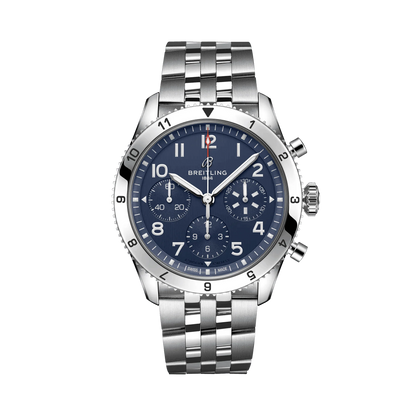 Breitling chronograph watch with a blue dial, three subdials, Arabic numerals, numbered silver tone bezel and metal bracelet.