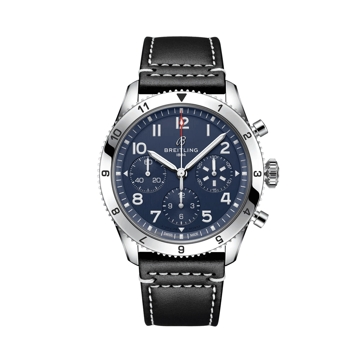 Breitling chronograph watch with a blue dial, three subdials, Arabic numerals, numbered silver tone bezel and black strap with white stitching.