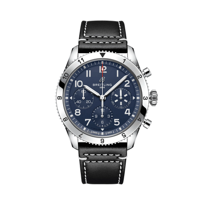 Breitling chronograph watch with a blue dial, three subdials, Arabic numerals, numbered silver tone bezel and black strap with white stitching.
