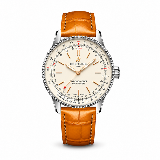 Breitling Navitimer Chronometer watch featuring a cream dial, rose gold-tone hands and hour markers, circular slide rule scale, polished stainless steel case, and orange-brown alligator leather strap.