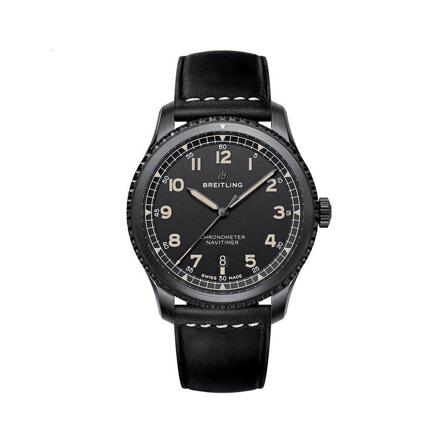 Breitling Navitimer watch with a black dial, Arabic numerals, date display, dark case and black leather strap with white stitching.