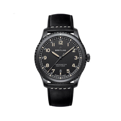 Breitling Navitimer watch with a black dial, Arabic numerals, date display, dark case and black leather strap with white stitching.