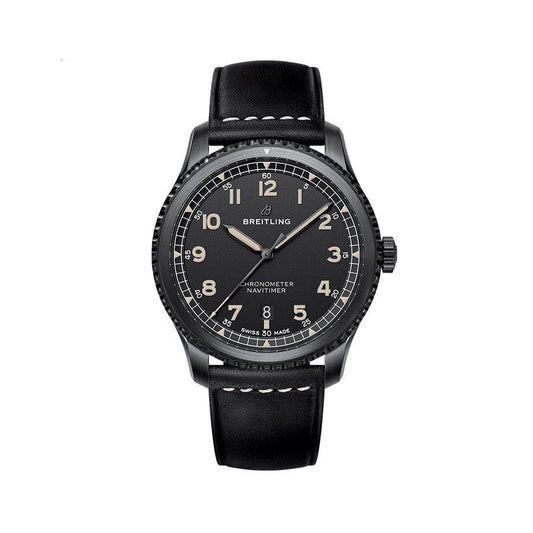 Breitling Navitimer watch with a black dial, Arabic numerals, date display, dark case and black leather strap with white stitching.