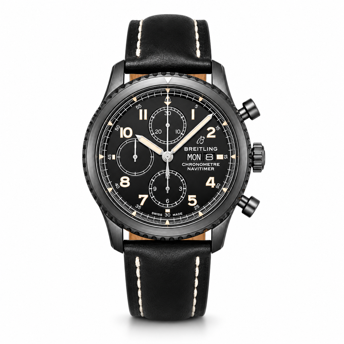 A Breitling chronograph wristwatch with a black dial, black bezel, and a black leather strap with white stitching.