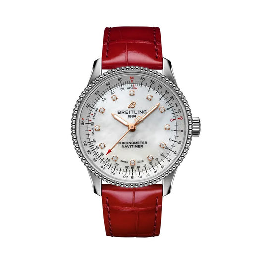 A Breitling chronometer navtimer watch with a silver stainless steel case, a white dial with diamond hour markers, and a vibrant red leather strap.