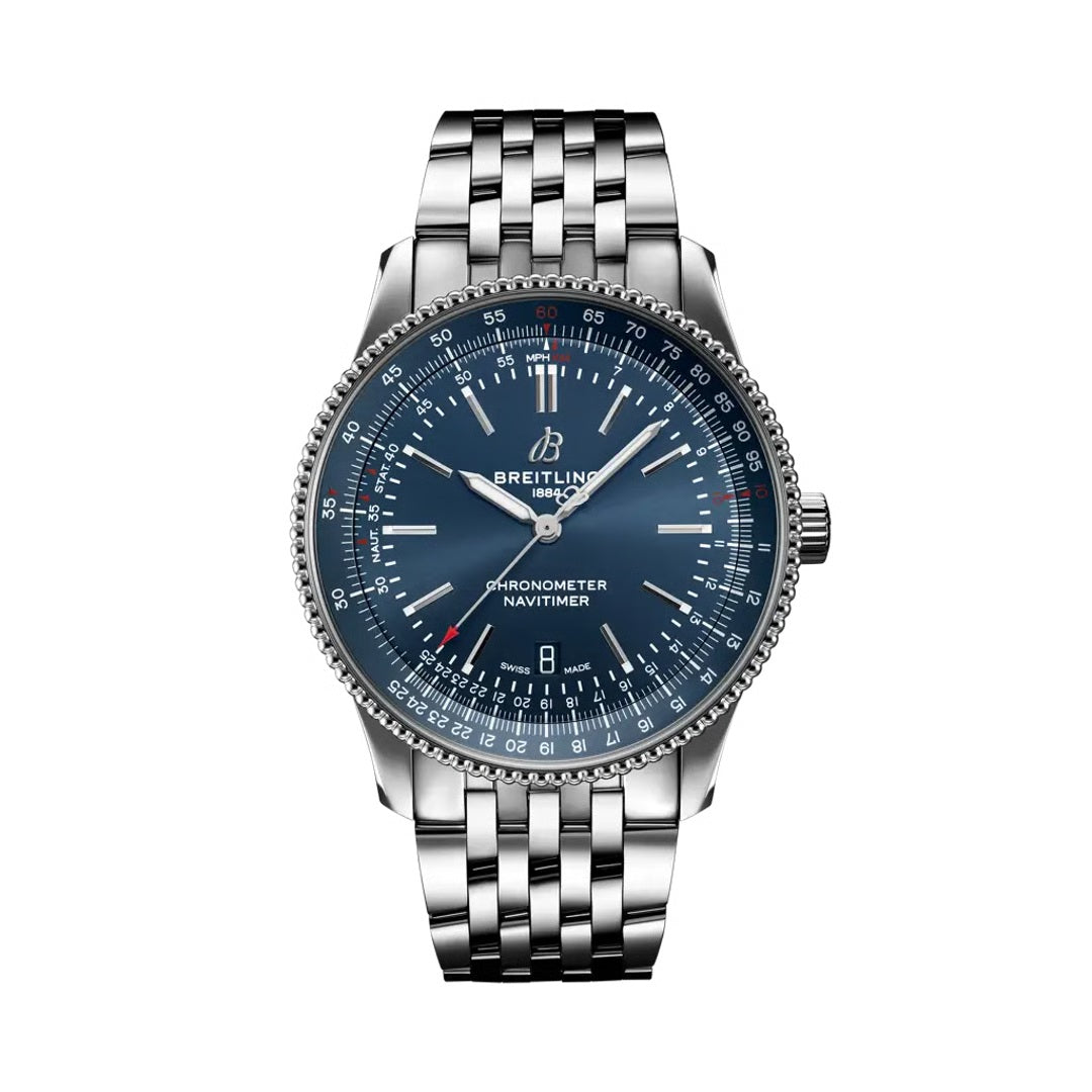  Breitling Navitimer with a deep blue dial with silver-tone hands and hour markers, stainless steel case, signature slide rule bezel, and polished stainless steel bracelet.