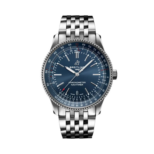  Breitling Navitimer with a deep blue dial with silver-tone hands and hour markers, stainless steel case, signature slide rule bezel, and polished stainless steel bracelet.